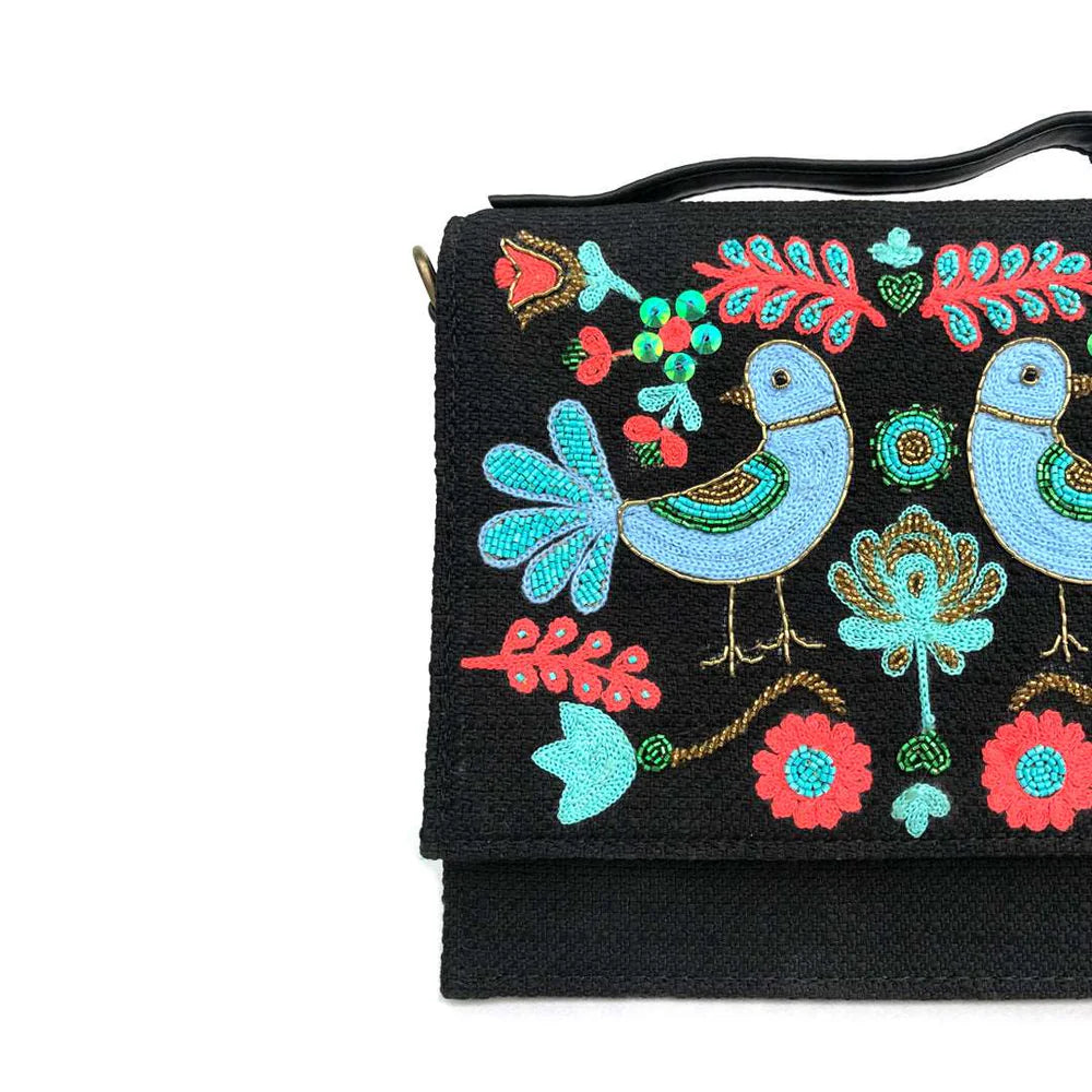 Bird Embroidered Black Bag