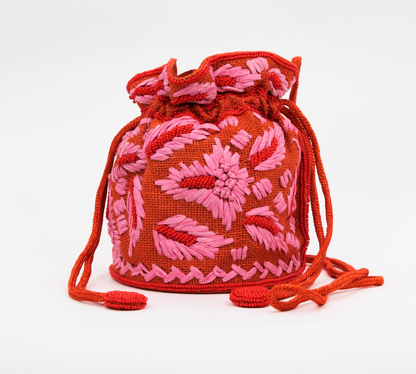 Red with pink flowers bucket bag