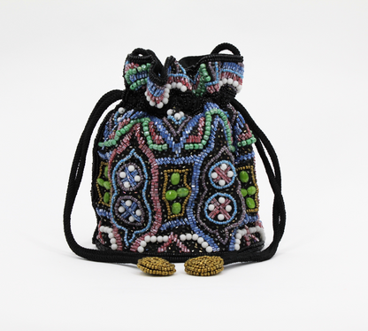 Black bucket bag with multi color beads