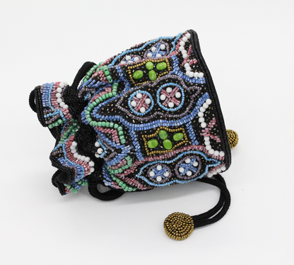 Black bucket bag with multi color beads