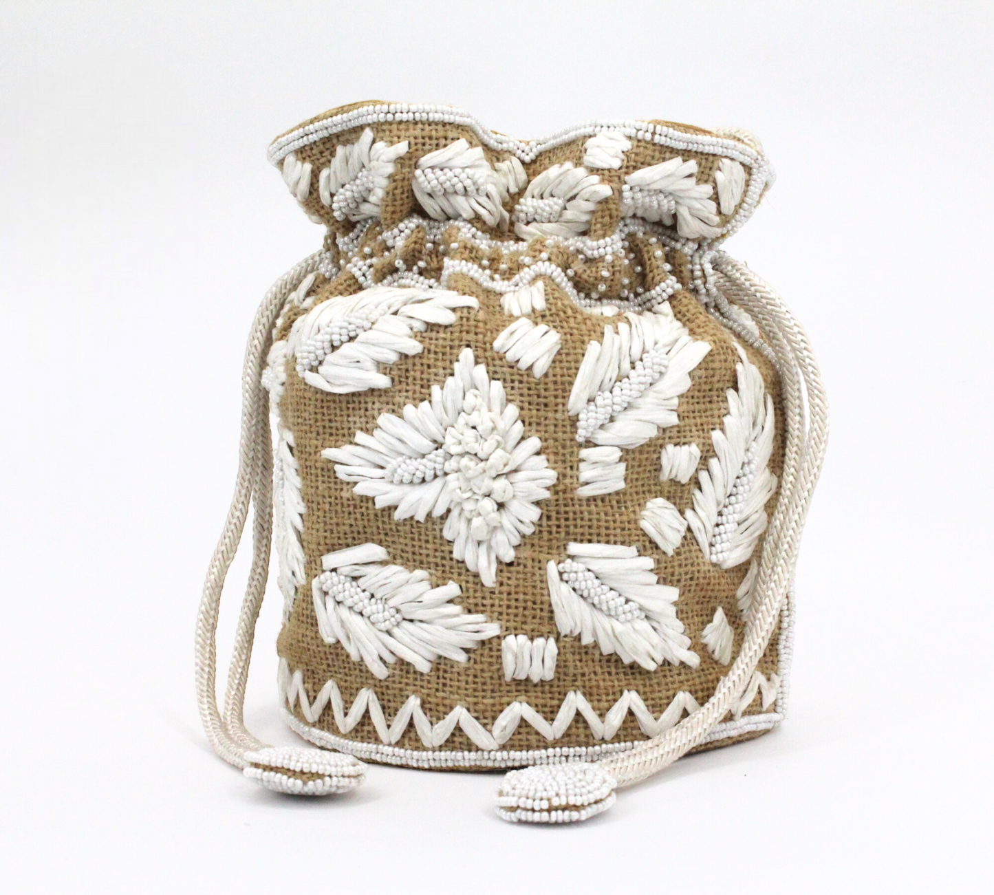 Beige with white flowers bucket bag