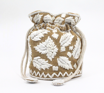 Beige with white flowers bucket bag