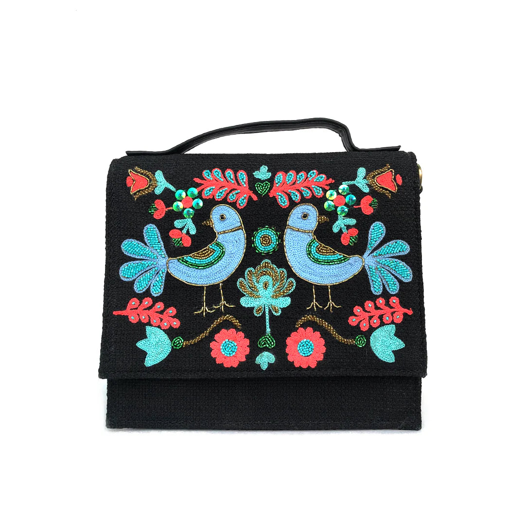 Bird Embroidered  Black Bag