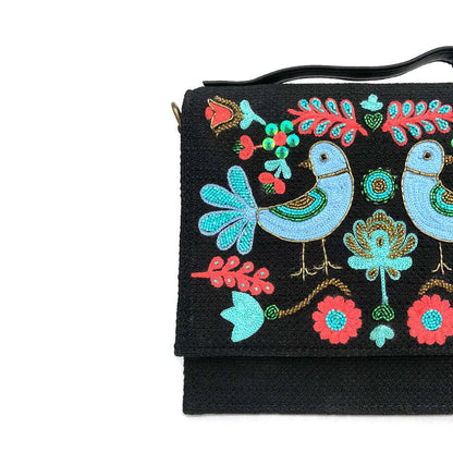 Bird Embroidered  Black Bag