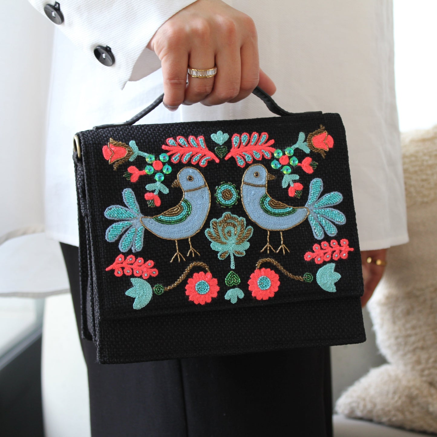 Bird Embroidered  Black Bag