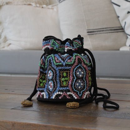 Black bucket bag with multi color beads