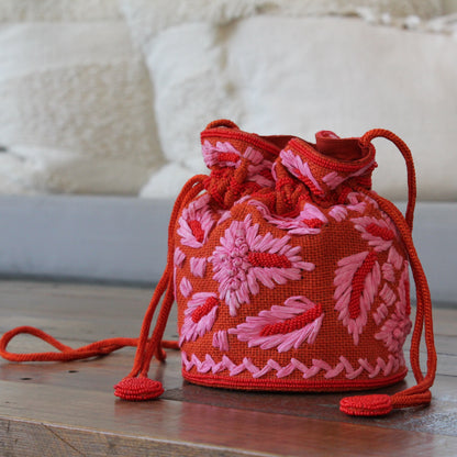 Red with pink flowers bucket bag