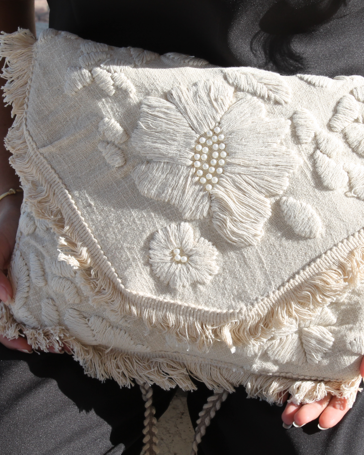 Beige with off white flower clutch