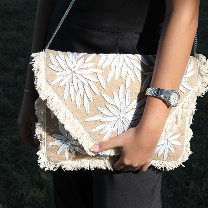 Embroidery white flower clutch