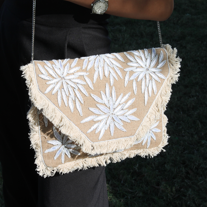 Embroidery white flower clutch