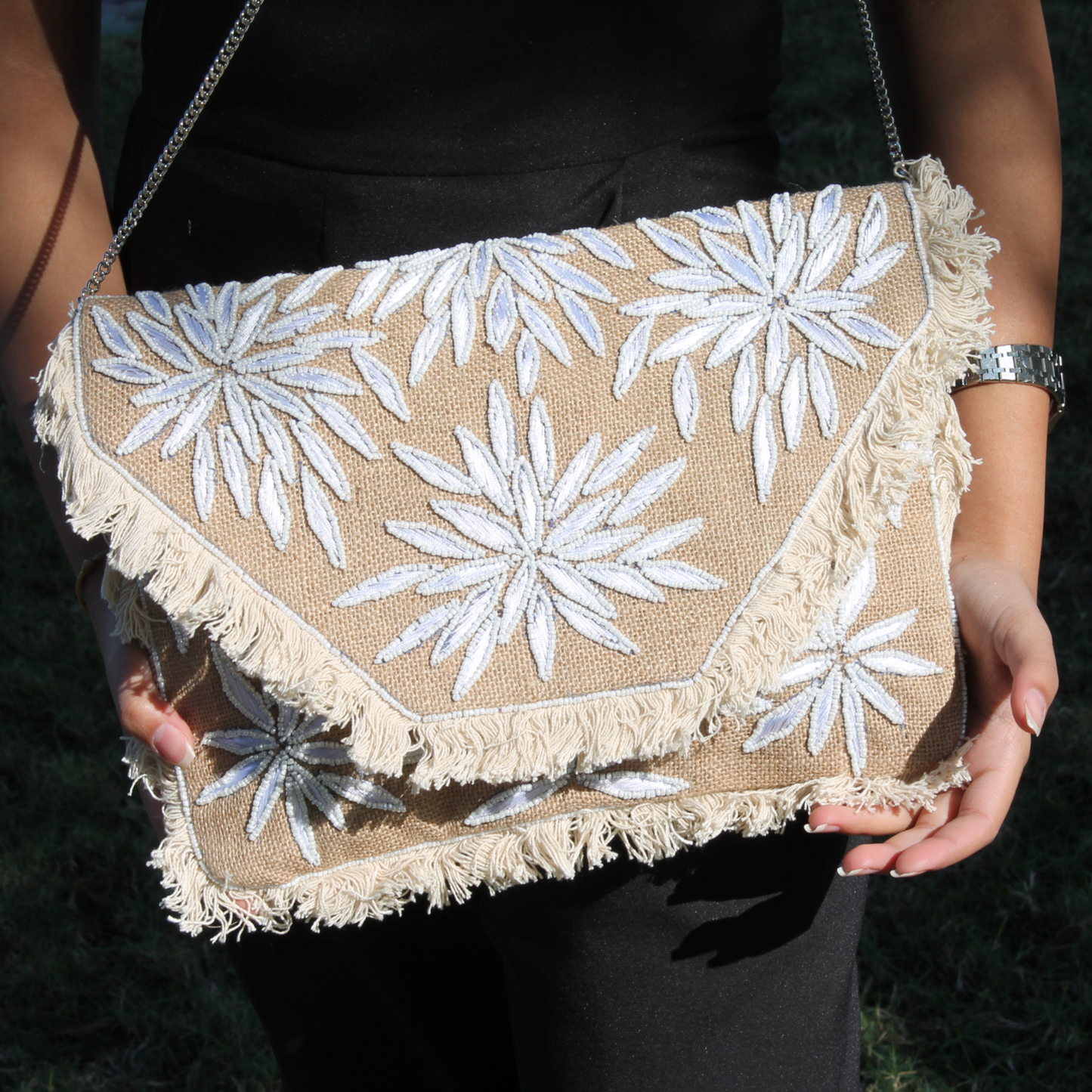 Embroidery white flower clutch