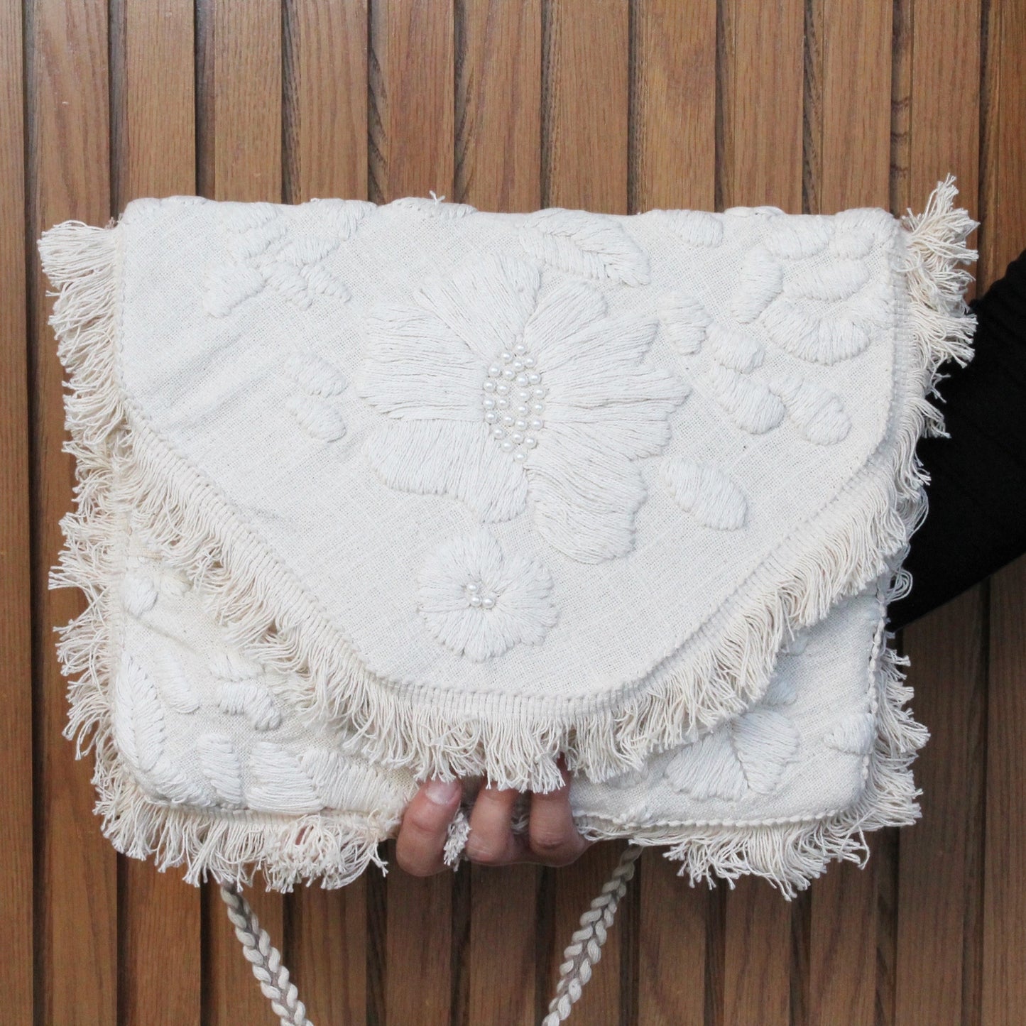 Beige with off white flower clutch